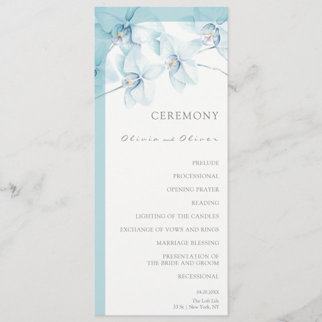 Soft Blue Orchid Wedding Program (Front)