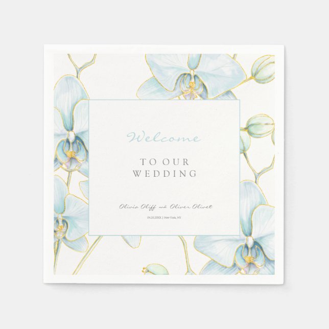 Soft Blue Orchid Wedding Welcome Napkins (Front)
