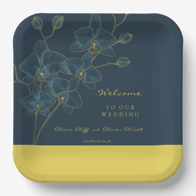 Soft Blue Orchid Wedding Welcome Paper Plates (Front)