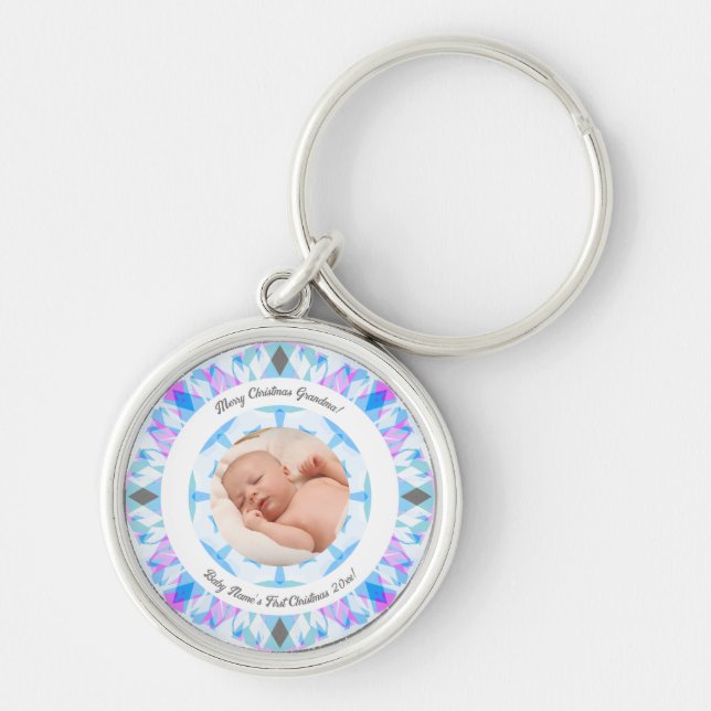 Soft Blue Pastels Custom Christmas Grandma Photo Keychain (Front)