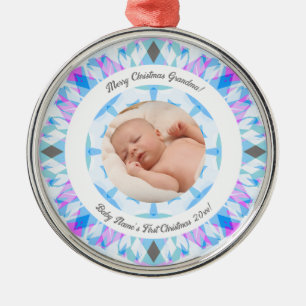 Soft Blue Pastels Custom Christmas Grandma Photo Metal Ornament