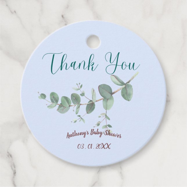 Soft Blue Personalized Botanical Favor Tag (Front)