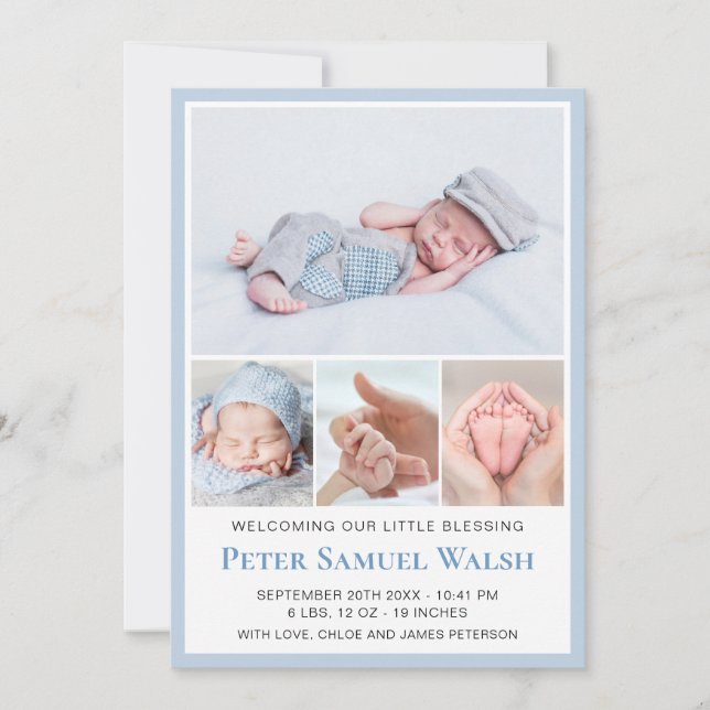 Soft Blue Photo Welcoming Newborn Baby Boy Birth Announcement (Front)