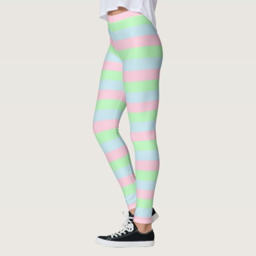 Soft Blue Pink and Green Stripes Leggings