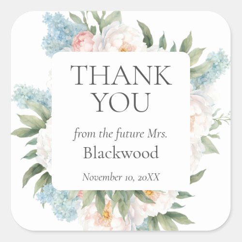 SOFT BLUE PINK BLOOMING FLOWERS BRIDAL Thank You Square Sticker