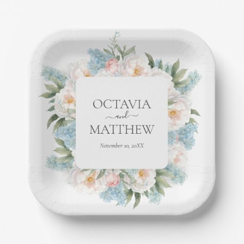 SOFT BLUE PINK BLOOMING FLOWERS MONOGRAM WEDDING PAPER PLATES