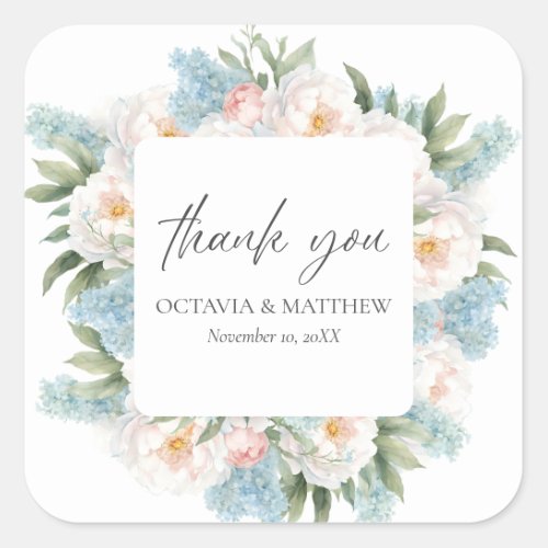 SOFT BLUE PINK BLOOMING FLOWERS WEDDING THANK YOU SQUARE STICKER