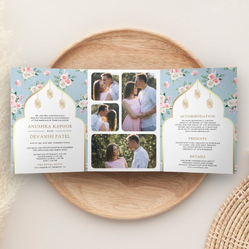 Soft Blue Pink Floral All in One Indian Wedding Tri_Fold Invitation