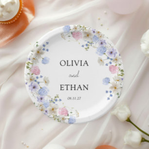 Soft Blue Pink Floral Garden Wedding Paper Plates