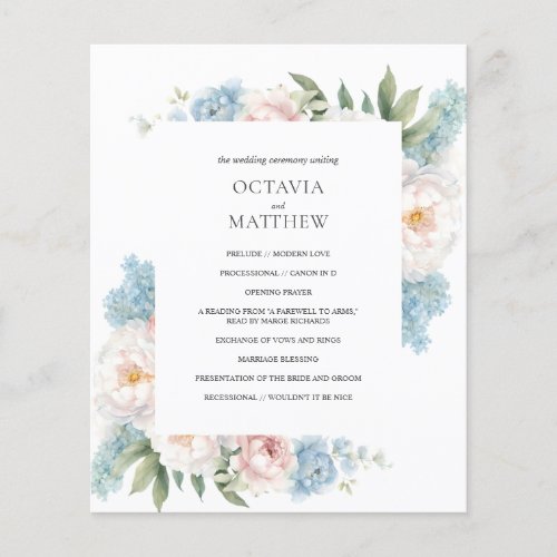 Soft blue pink flowers Botanical Wedding Program