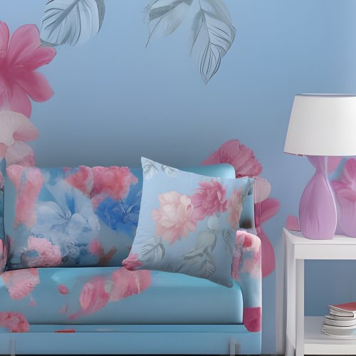 Soft Blue pink silk flowers fabric Throw Pillow