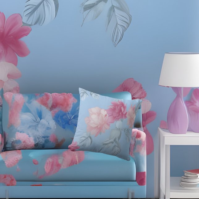 Soft Blue pink silk flowers fabric Throw Pillow (Creator Uploaded)