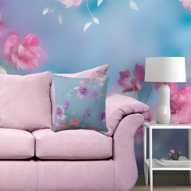 Soft Blue pink silk flowers green leaves fabric Throw Pillow (Creator Uploaded)