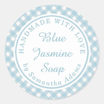 Soft Blue Plaid Handmade With Love Classic Round Sticker by melanileestyle at Zazzle