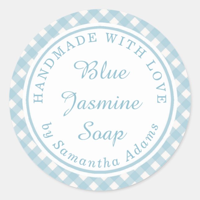 Soft Blue Plaid Handmade With Love Classic Round Sticker (Front)