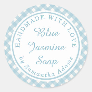 Soft Blue Plaid Handmade With Love Classic Round Sticker