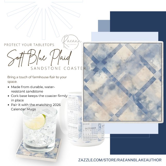 Soft Blue Plaid Square Sandstone Coaster (Creator Uploaded)
