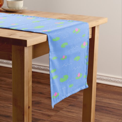 Soft Blue Pond with Water Lilies and Pink Flowers Short Table Runner