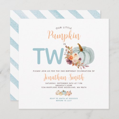Soft Blue Pumpkin Is Two Birthday Rustic Floral Invitation