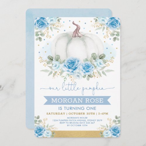 Soft Blue Pumpkin Watercolor Roses Baby Shower Invitation