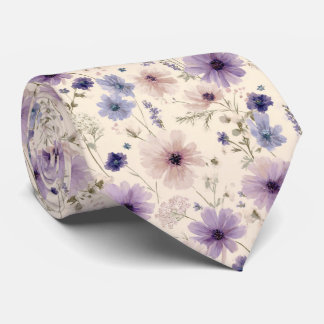 Soft Blue & Purple Cosmos Wildflower Wedding Neck Tie