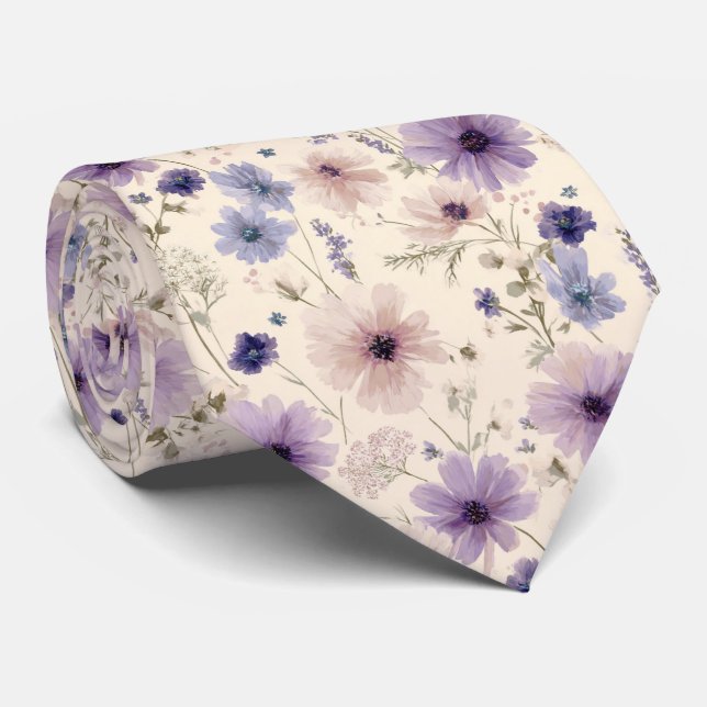 Soft Blue & Purple Cosmos Wildflower Wedding Neck Tie (Rolled)