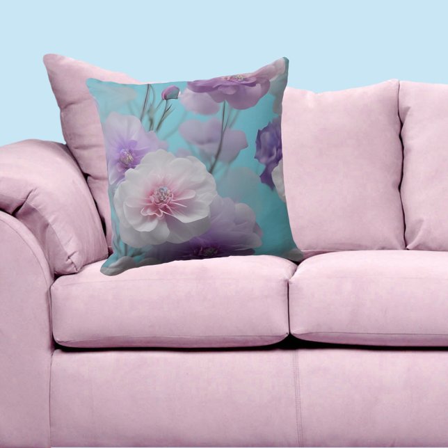 Soft Blue purple pink silk flowers fabric Throw Pillow (Creator Uploaded)