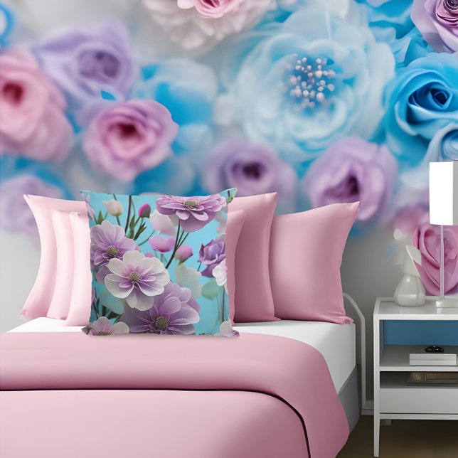 Soft Blue purple pink silk large flowers  Throw Pillow (Creator Uploaded)