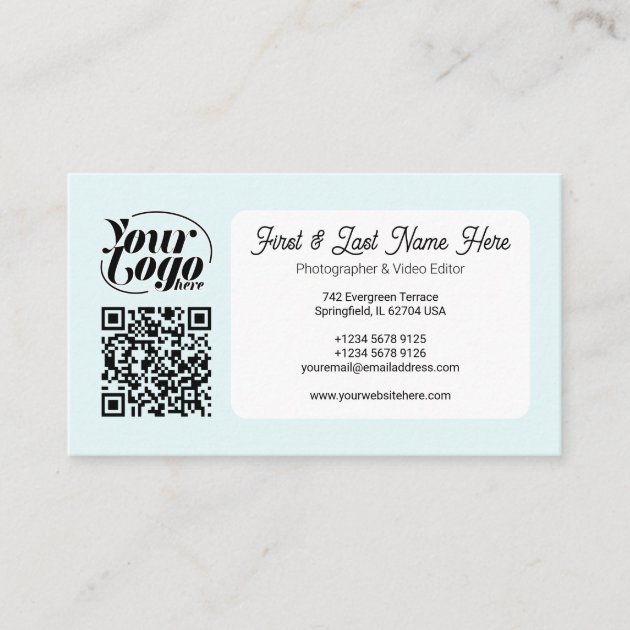 Soft Blue QR Code Photo Social Media Icons Content Business Card