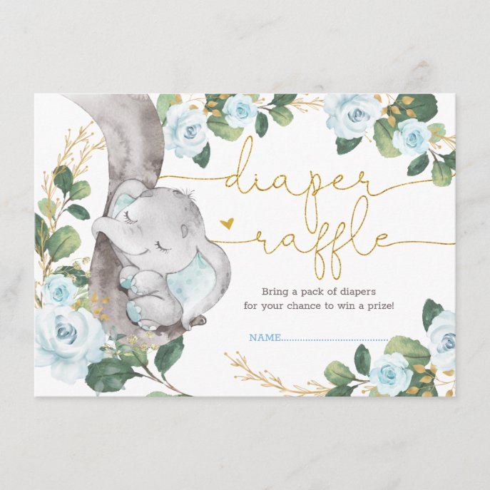 Soft Blue Roses Elephant Greenery Diaper Raffle Enclosure Card