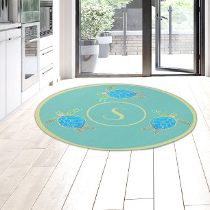 Soft Blue Sea Turtle Tropical Coastal Watercolor Outdoor Rug