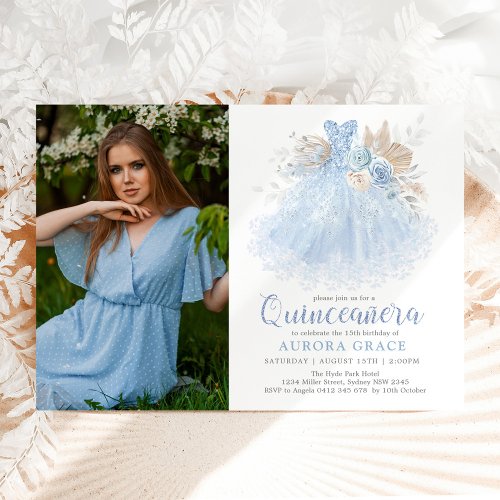 Soft Blue Silver Quinceaera Princess Dress Photo Invitation