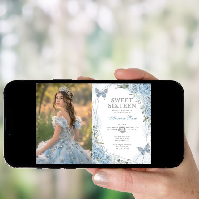 Soft Blue Silver Sweet 16 Butterfly Birthday Photo Invitation (Front Digital)