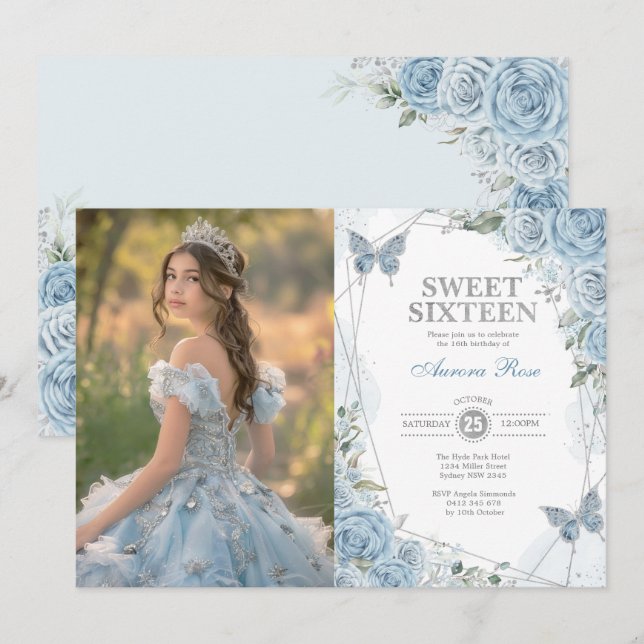 Soft Blue Silver Sweet 16 Butterfly Birthday Photo Invitation (Front/Back)