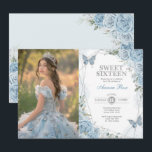 Soft Blue Silver Sweet 16 Butterfly Birthday Photo Invitation<br><div class="desc">The perfect invitation for your daughter's sweet 16 is finally here! This chic invite features elegant watercolor dusty blue roses,  sweet butterflies and modern geometric silver frame.  Click the "customize further" button if you wish to re-arrange and format the style and placement of the text.</div>