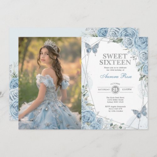 Soft Blue Silver Sweet 16 Butterfly Birthday Photo Invitation