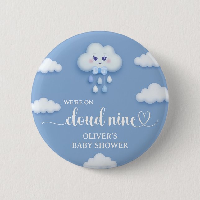 Soft blue sky white fluffy cloud nine baby shower button (Front)