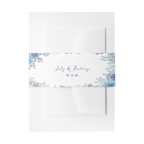 Soft Blue Slate Watercolor Floral Wedding Invitation Belly Band