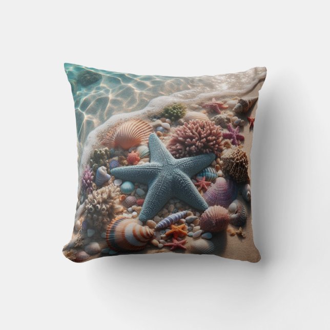 Soft Blue Starfish Seashells Beach  Throw Pillow (Front)