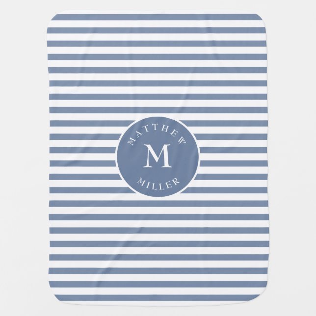 Soft Blue Striped Baby Blanket Name, Initial (Front)