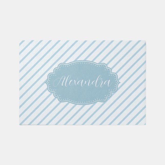 Soft Blue Stripes Custom Name Monogram Nursery Rug (Front)