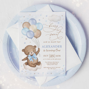 Soft Blue Teddy Bear Balloons Birthday Boy Party Invitation
