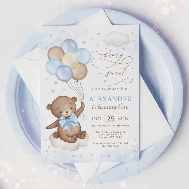 Soft Blue Teddy Bear Balloons Birthday Boy Party Invitation | Zazzle
