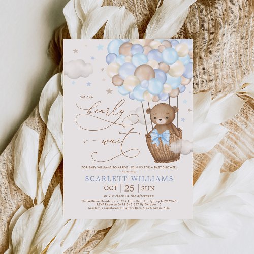 Soft Blue Teddy Bear Hot Air Balloon Baby Shower Invitation