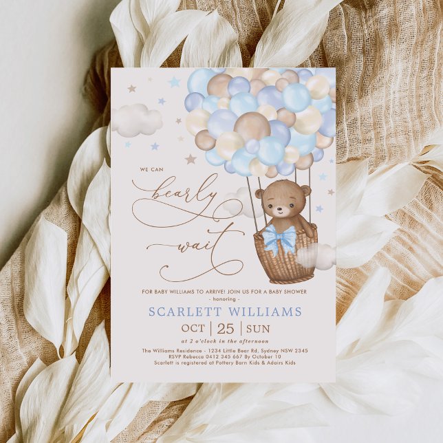 Soft Blue Teddy Bear Hot Air Balloon Baby Shower Invitation