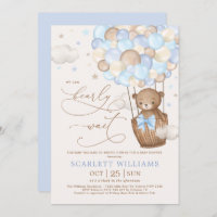 Soft Blue Teddy Bear Hot Air Balloon Baby Shower Invitation