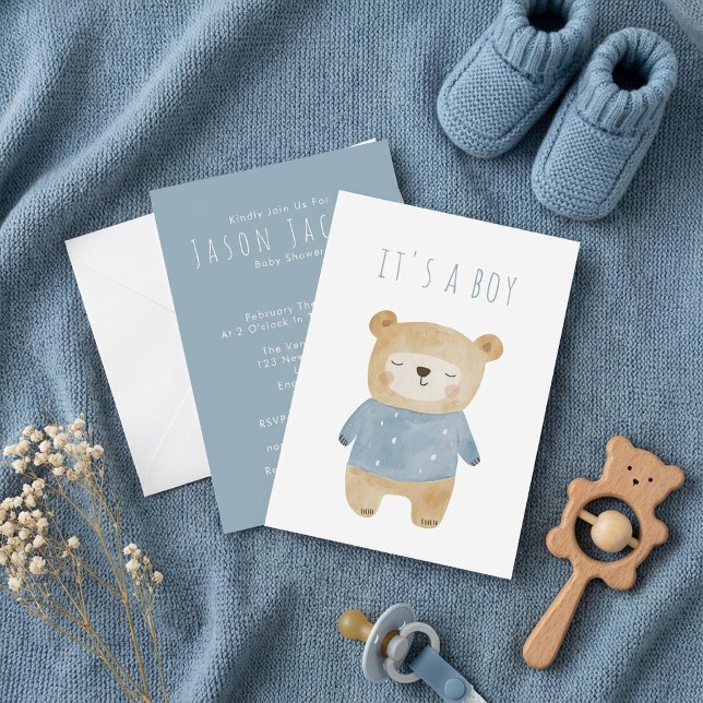 Soft Blue Teddy Bear sleepy Baby Shower Invitation (Soft Blue Teddy Bear sleepy Baby Shower Invitation)