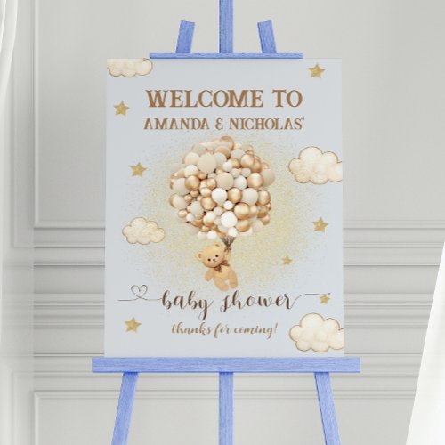 Soft Blue Teddy Bear With Gold Balloons Welcome Foam Board