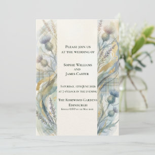 Soft Blue Thistle Gold Sash Tartan Scottish Weddin Invitation