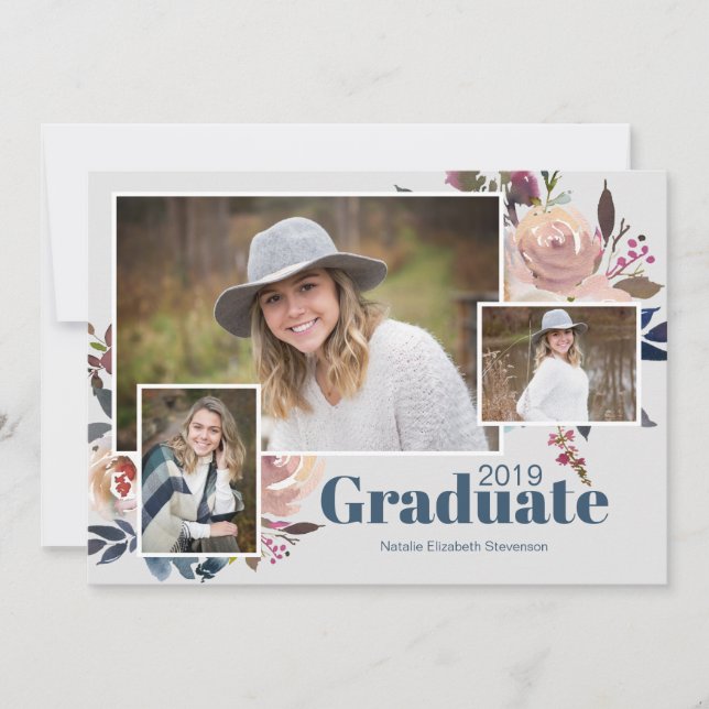 Soft Blue Three Photo Trendy Graduation Party Invitation (Front)